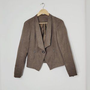 Faux Sued Blazer Jacket Single Button Tan Asymmetric Hem Womens Business Career